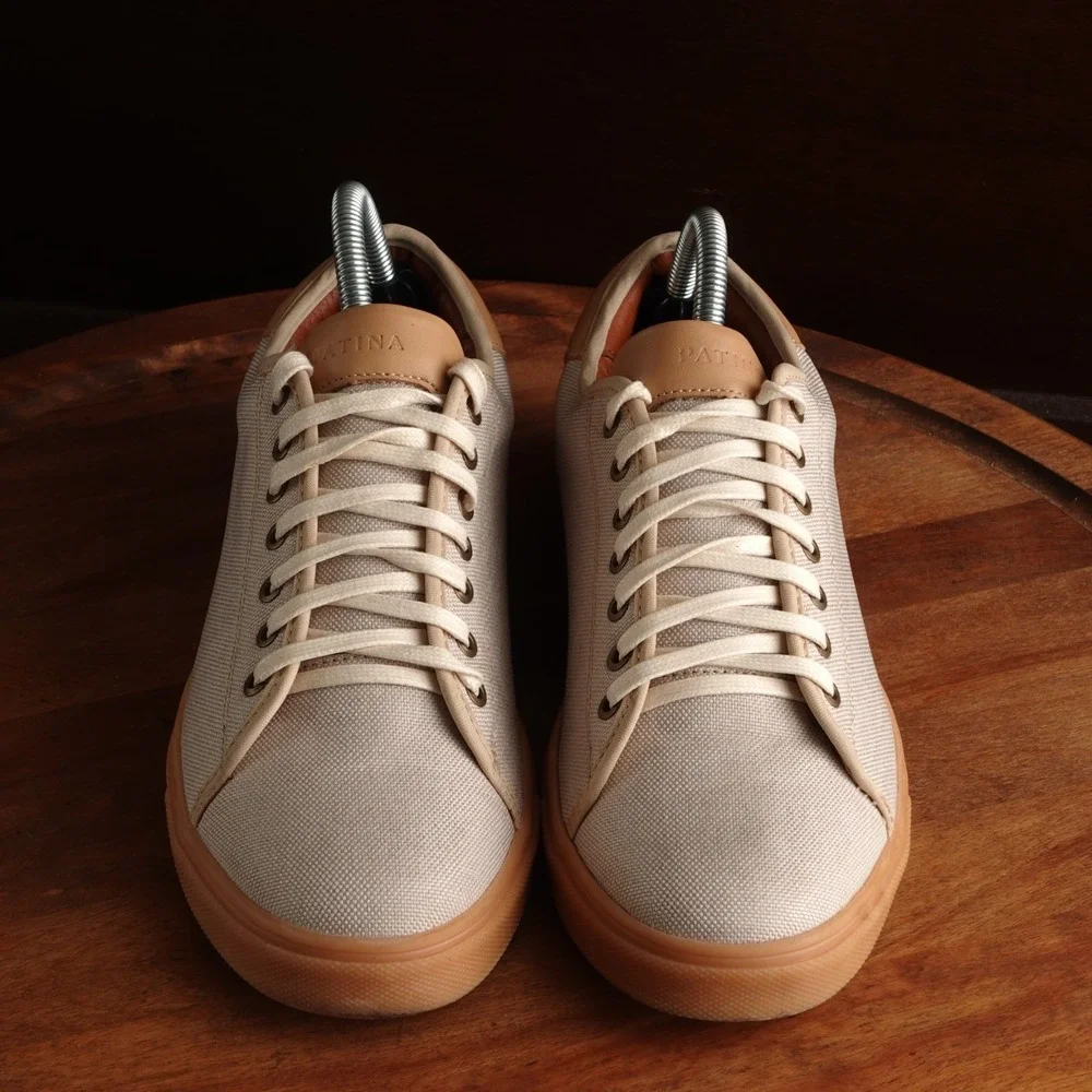 Patina Sneakers Mens SZ 8.5 Beige Portland Leather Canvas Lifestyle Modern Shoes